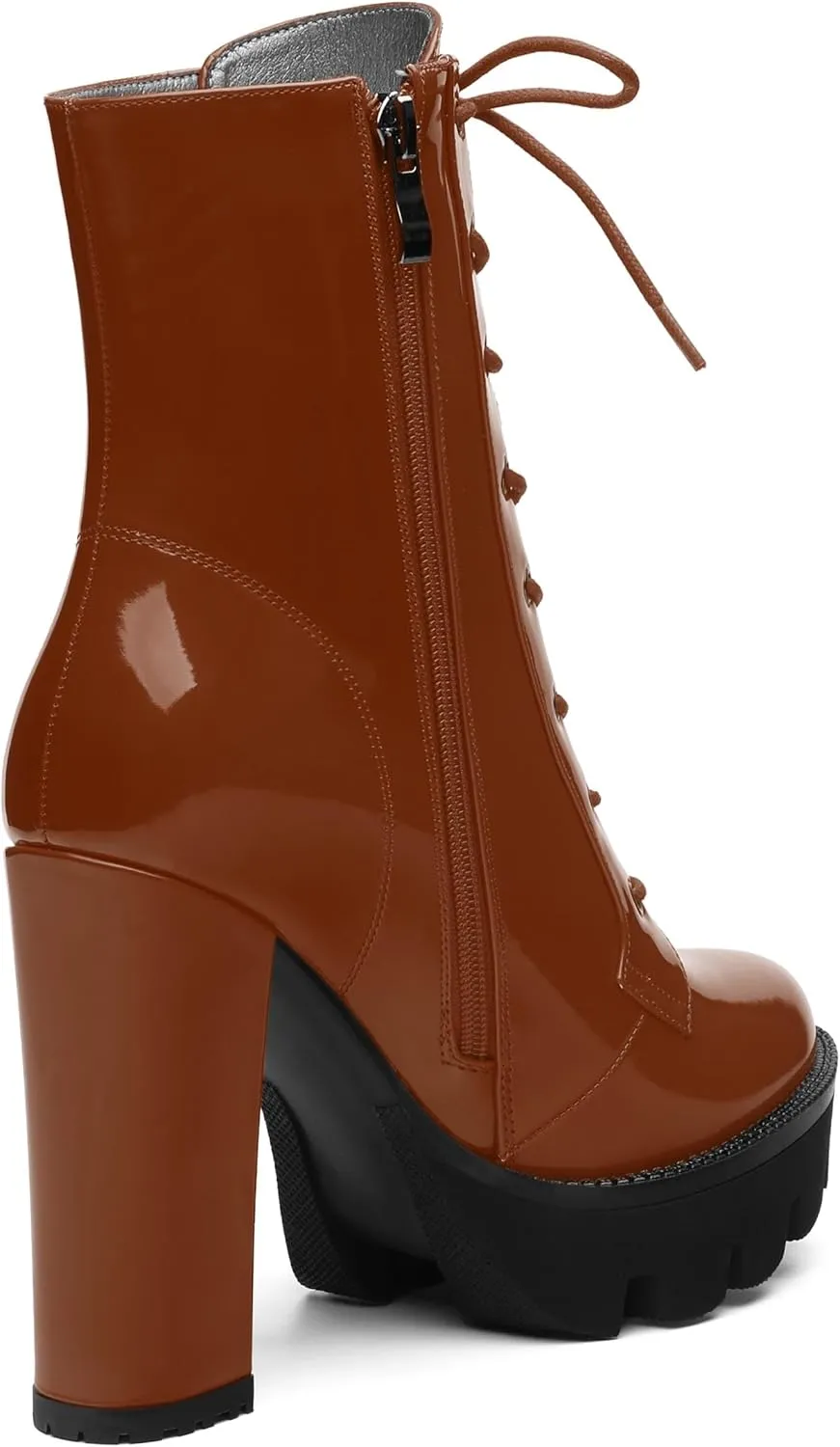 Women's Brown Solid Lace-Up Chunky Platform Ankle Boots, Round Toe, 4.5" Heel, Bootie, Casual, All Seasons, Cosplay