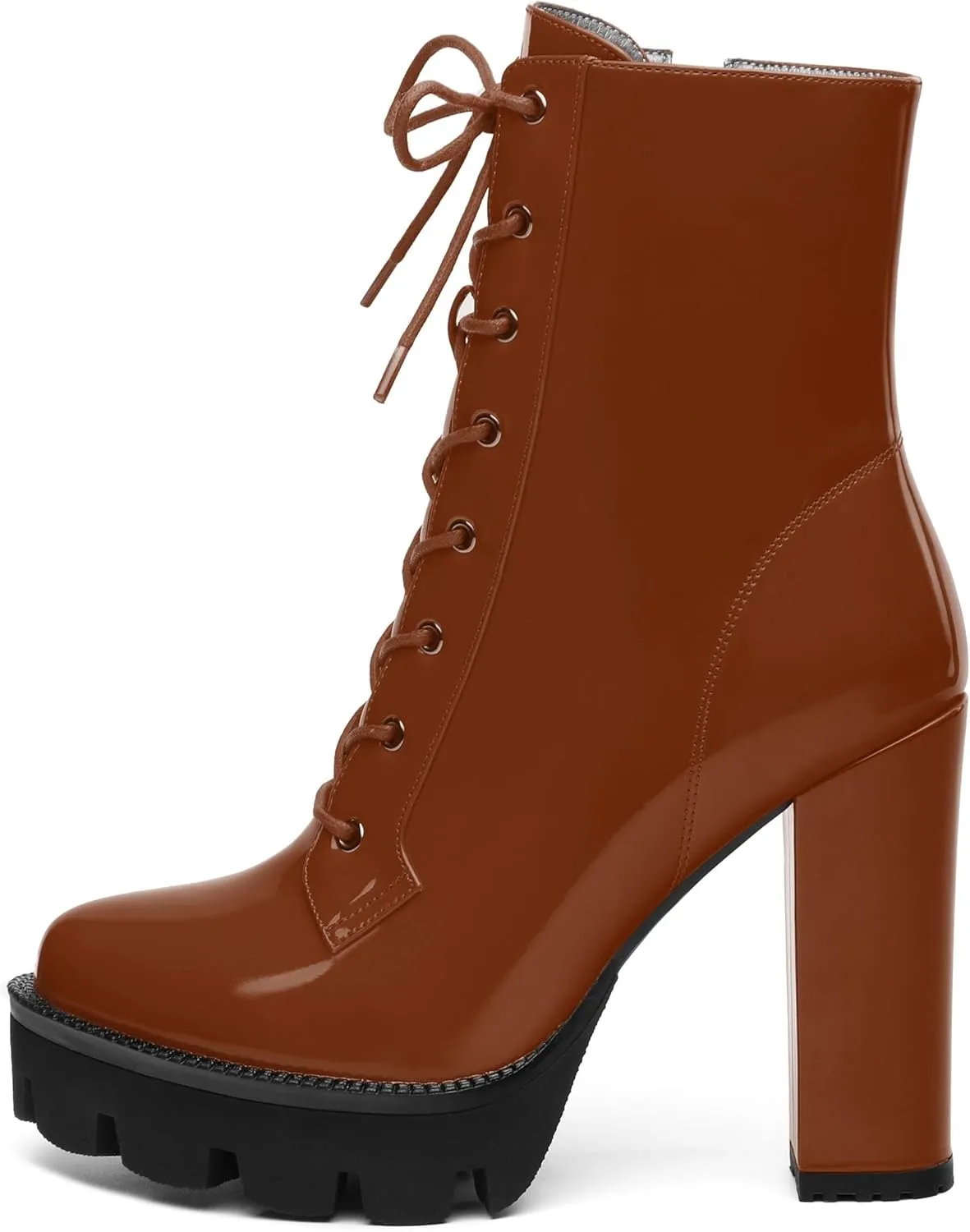 Women's Brown Solid Lace-Up Chunky Platform Ankle Boots, Round Toe, 4.5" Heel, Bootie, Casual, All Seasons, Cosplay