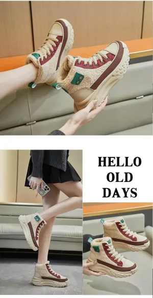Women's Casual High Top Shoes, Winter Plush Lined Warm Shoes, Thick Soled Lace-up Sports Shoes