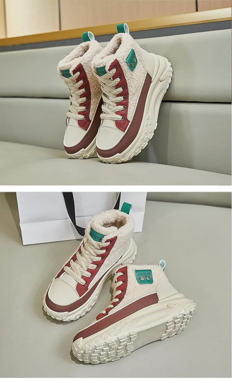 Women's Casual High Top Shoes, Winter Plush Lined Warm Shoes, Thick Soled Lace-up Sports Shoes