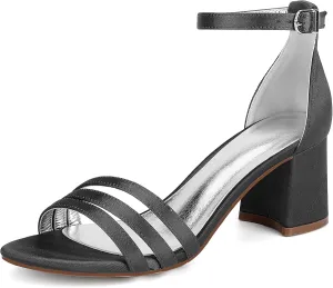 Women's Chunky Block Heel Sandals for Women Open Toe High Heel Satin Ankle Strap Bridal Shoes for Wedding