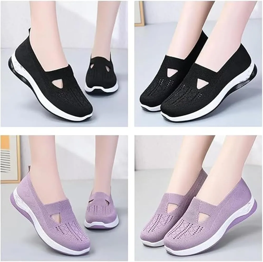 Women's Comfortable Breathable Knitted Sneakers, Outdoor Woven Cut-Out Orthopedic Soft Arch Support Walking Shoes for Women, Slip-On