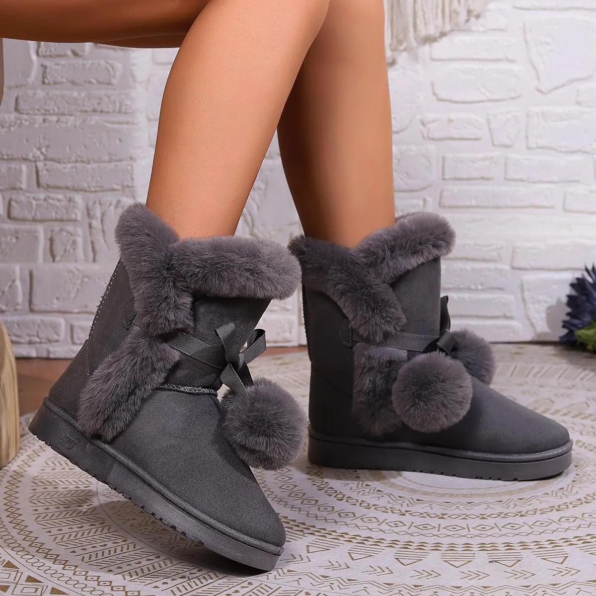 Women's Cute Pompon Lace Up Fur Winter Snow Boots Sweetheart Princess Fluffy Boots