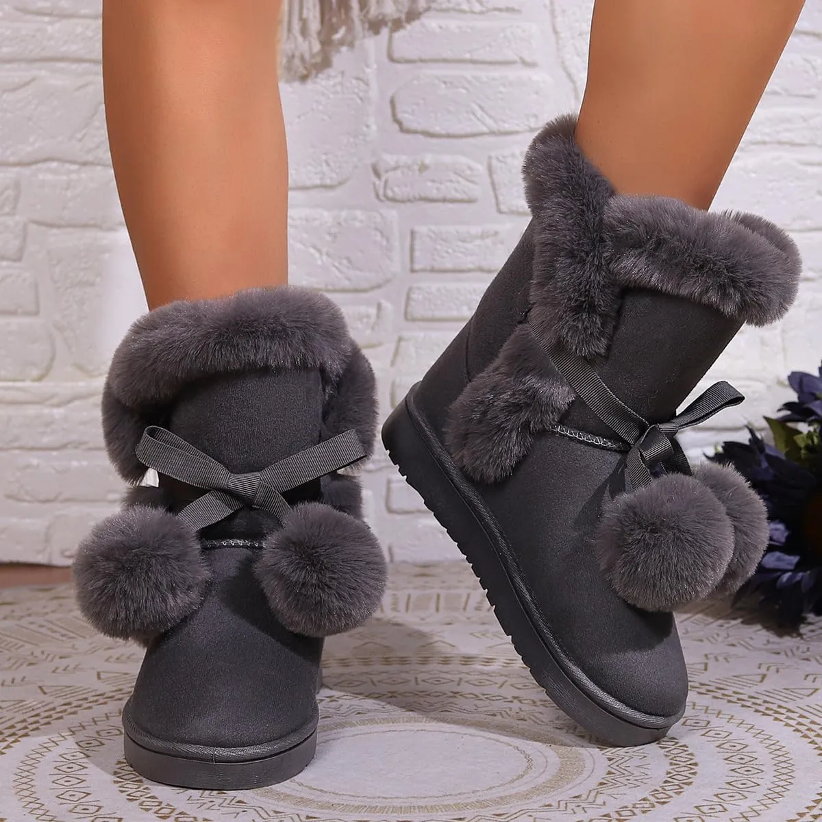 Women's Cute Pompon Lace Up Fur Winter Snow Boots Sweetheart Princess Fluffy Boots
