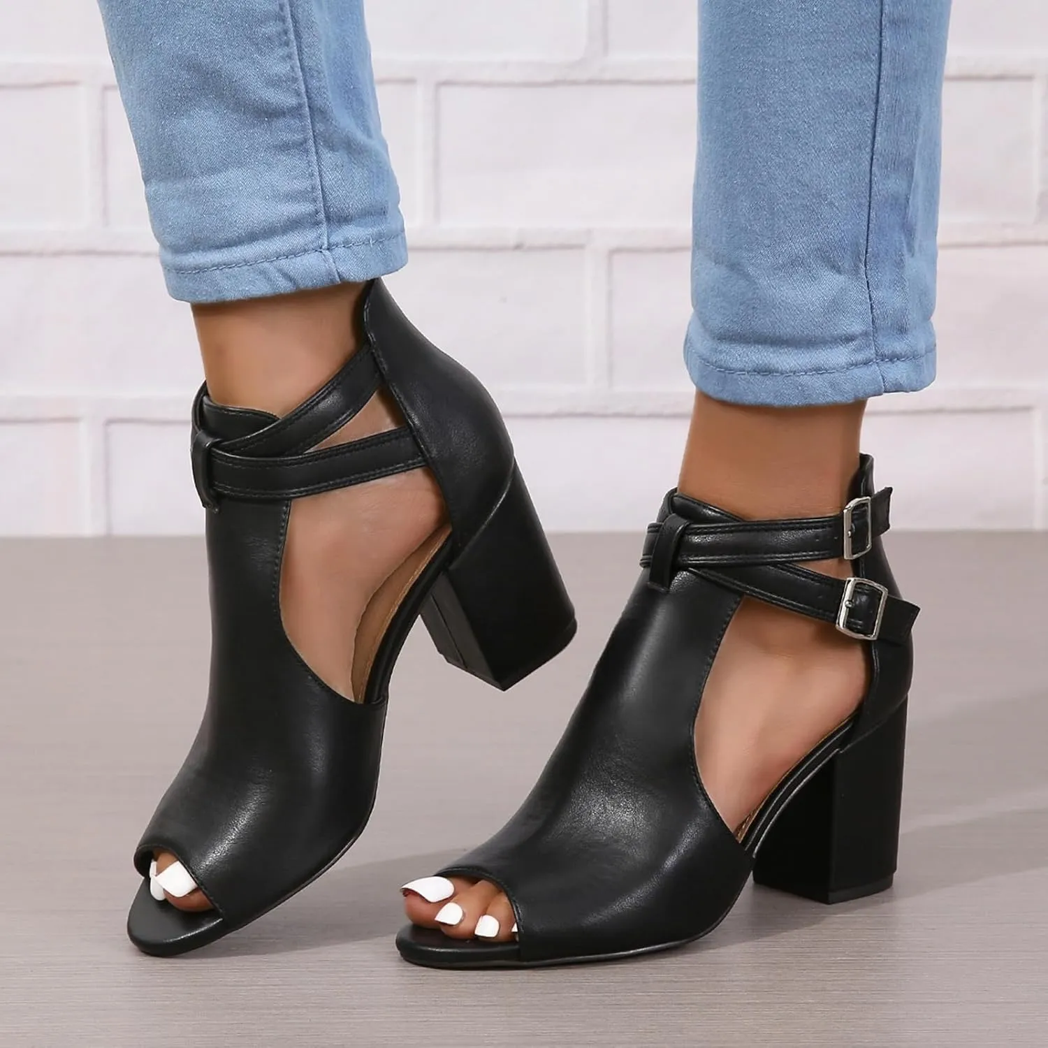 Women's Dress Booties Summer Cut Out Chunky Heeled Sandals Ankle Buckle Strap Peep Toe Boots
