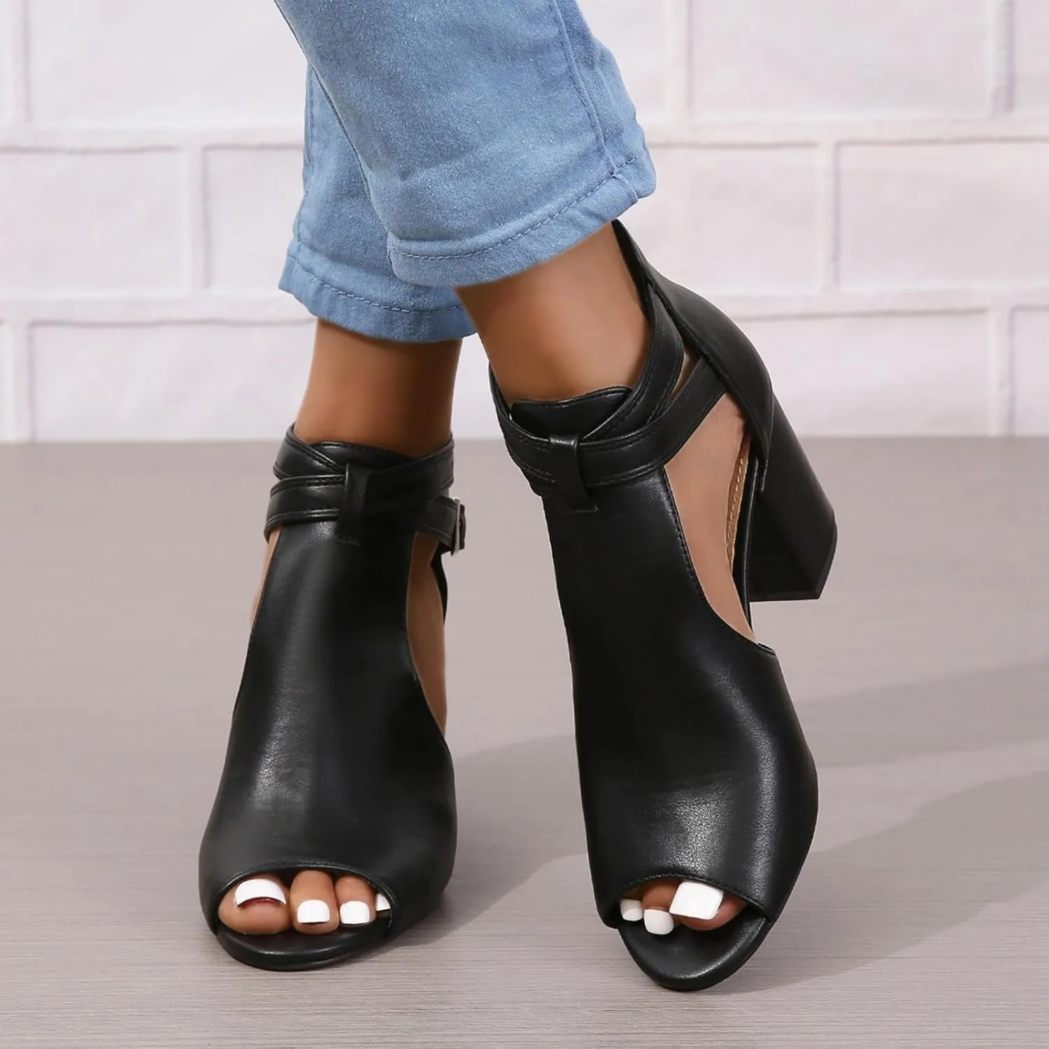 Women's Dress Booties Summer Cut Out Chunky Heeled Sandals Ankle Buckle Strap Peep Toe Boots