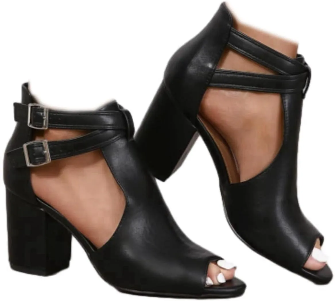 Women's Dress Booties Summer Cut Out Chunky Heeled Sandals Ankle Buckle Strap Peep Toe Boots
