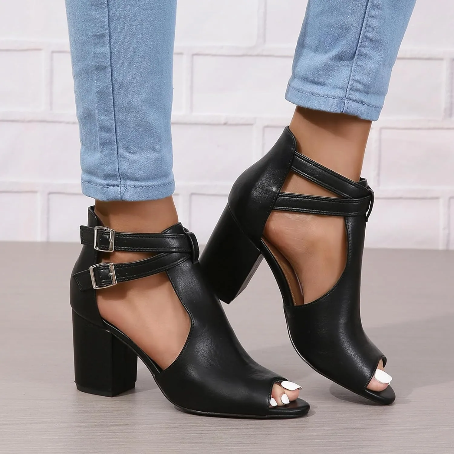 Women's Dress Booties Summer Cut Out Chunky Heeled Sandals Ankle Buckle Strap Peep Toe Boots