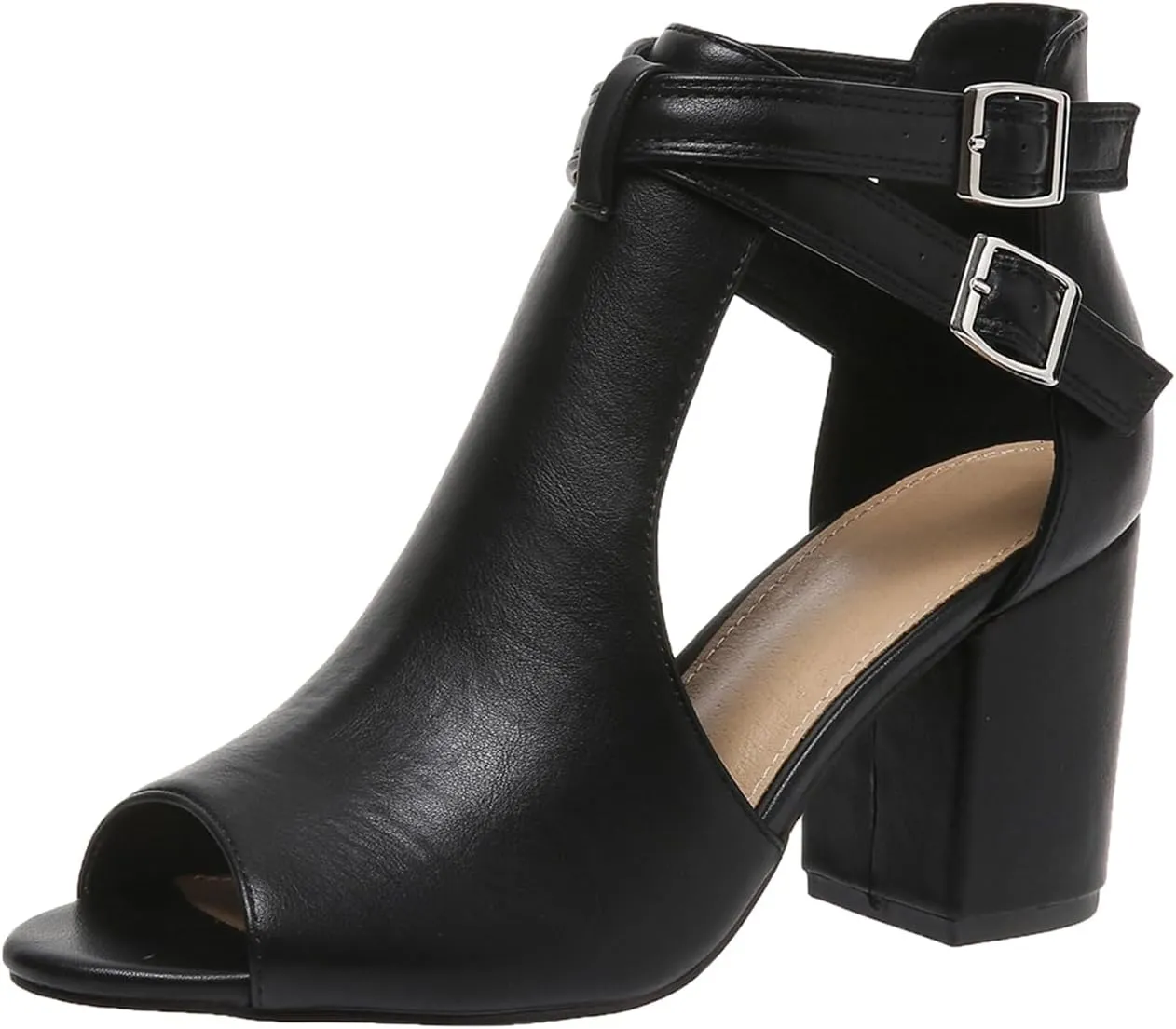 Women's Dress Booties Summer Cut Out Chunky Heeled Sandals Ankle Buckle Strap Peep Toe Boots