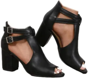 Women's Dress Booties Summer Cut Out Chunky Heeled Sandals Ankle Buckle Strap Peep Toe Boots