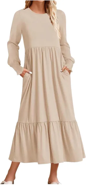 Women's Dresses Loose Fit Long Sleeve Crewneck Solid Tiered Ruffle Hem Maxi Dress Causal T-Shirt Dress with Pockets