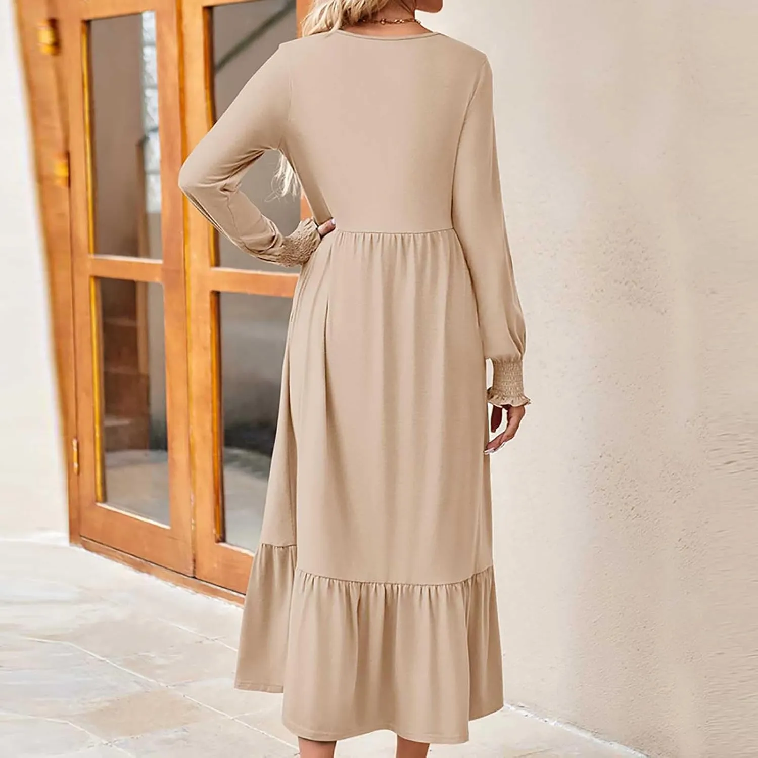 Women's Dresses Loose Fit Long Sleeve Crewneck Solid Tiered Ruffle Hem Maxi Dress Causal T-Shirt Dress with Pockets