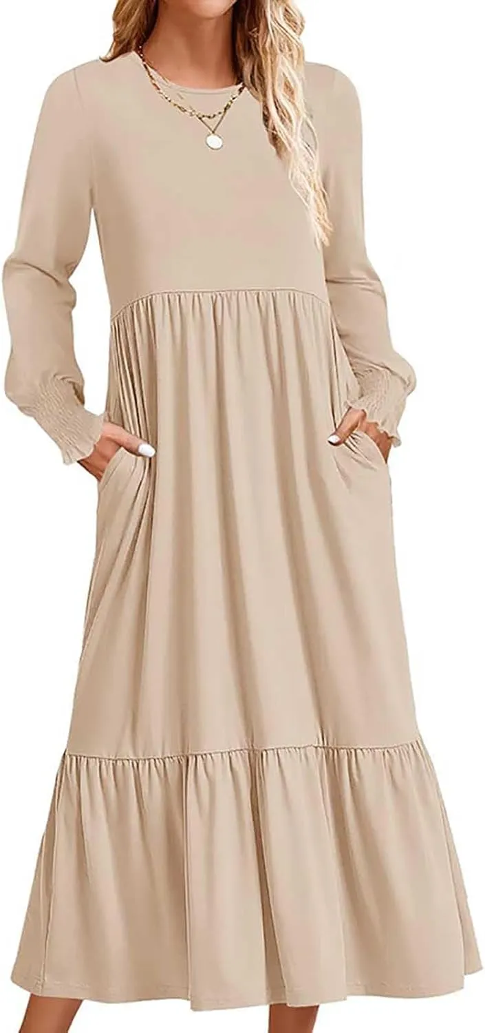 Women's Dresses Loose Fit Long Sleeve Crewneck Solid Tiered Ruffle Hem Maxi Dress Causal T-Shirt Dress with Pockets