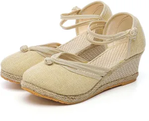 Women's Espadrilles Closed Toe Wedges Heels Sandals, Womens Close Toed Platform Wedge Shoes Comfortable Low Heel Canvas Dress Sandal for Outdoor Summer Beach with Ankle Strap