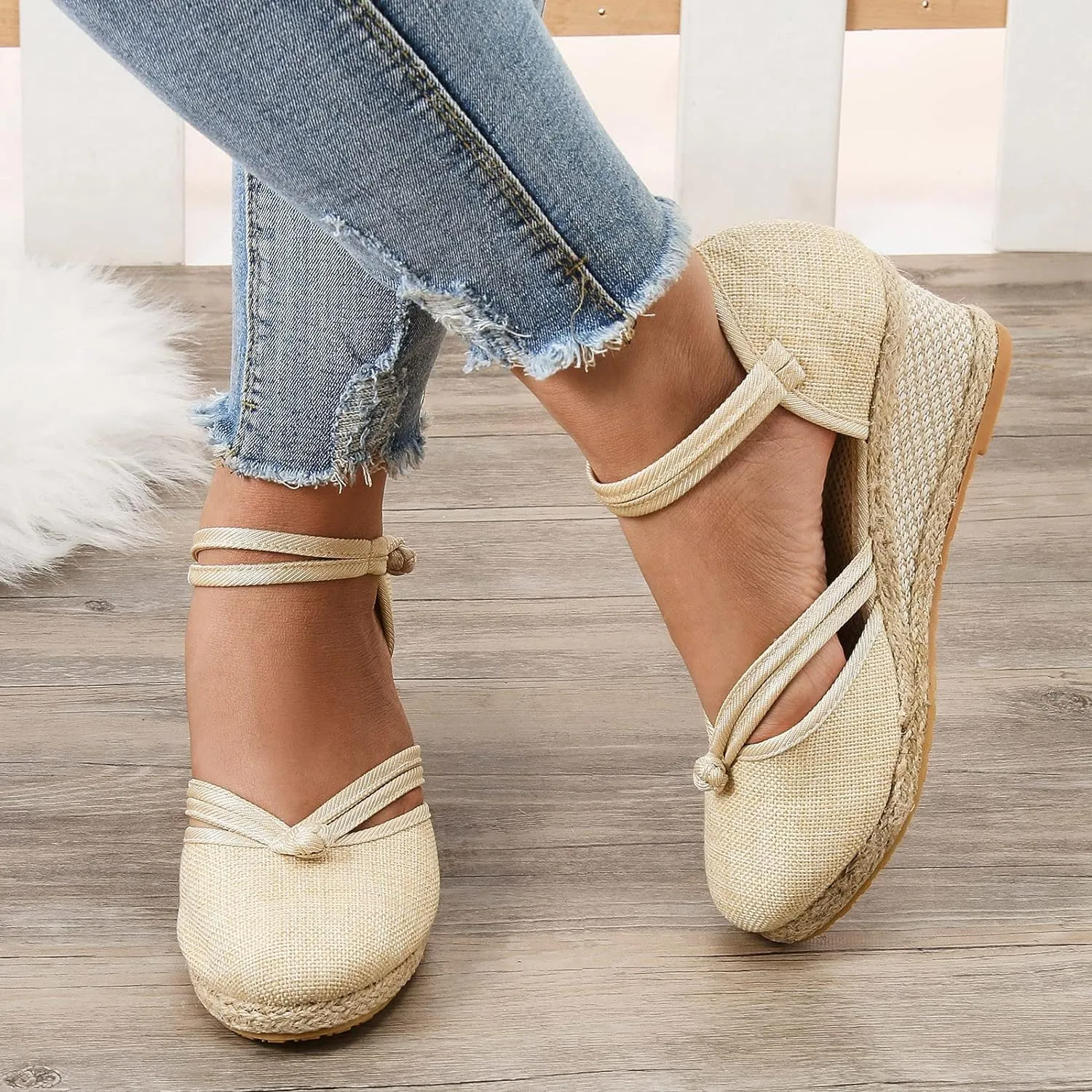 Women's Espadrilles Closed Toe Wedges Heels Sandals, Womens Close Toed Platform Wedge Shoes Comfortable Low Heel Canvas Dress Sandal for Outdoor Summer Beach with Ankle Strap