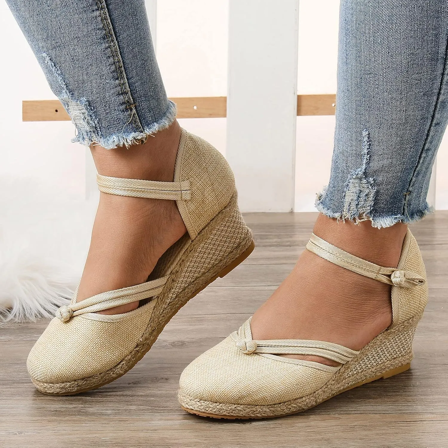 Women's Espadrilles Closed Toe Wedges Heels Sandals, Womens Close Toed Platform Wedge Shoes Comfortable Low Heel Canvas Dress Sandal for Outdoor Summer Beach with Ankle Strap