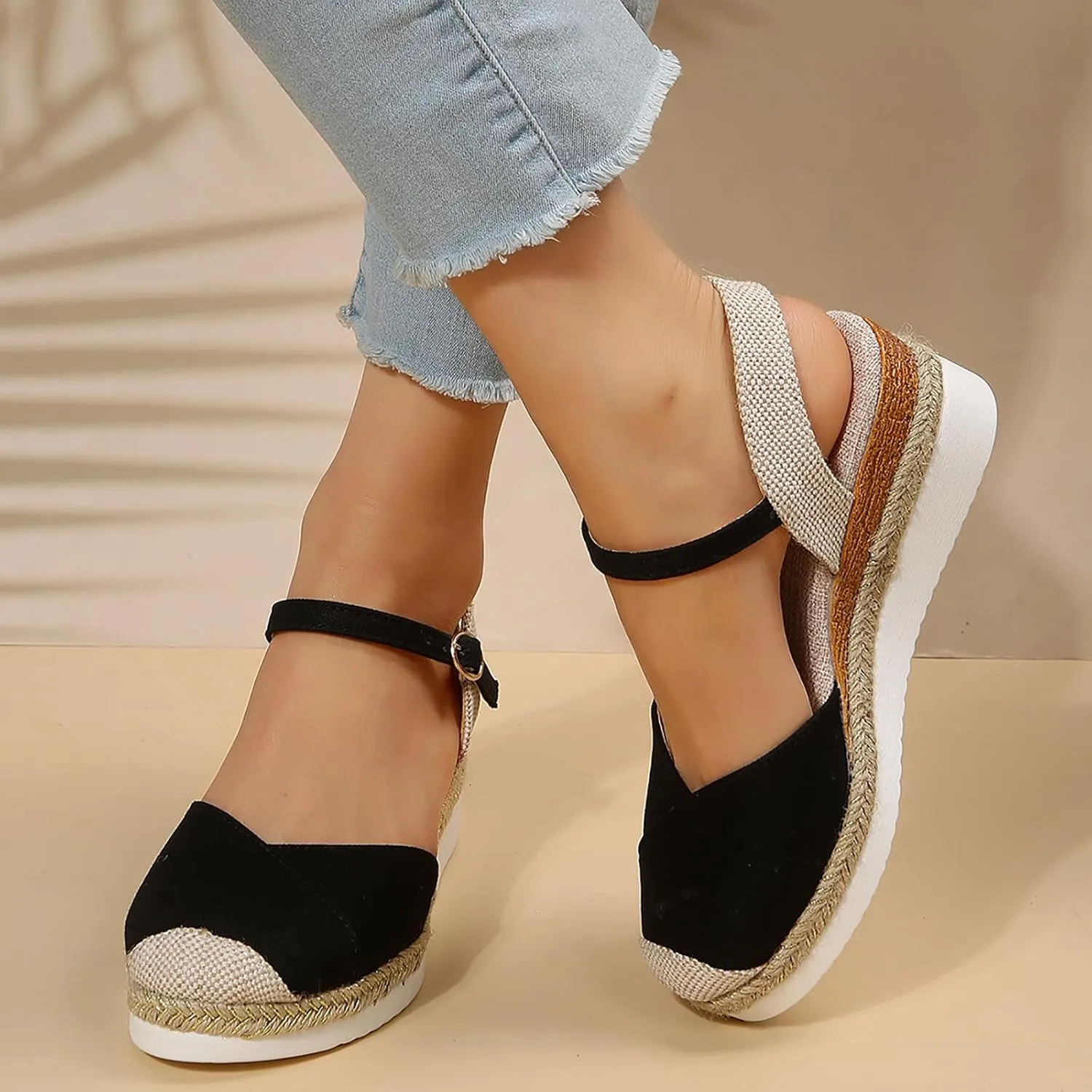 Women's Espadrilles Platform Wedge Sandals, Summer Closed Toe Buckle Ankle Strap Beach Comfortable Walking Shoes