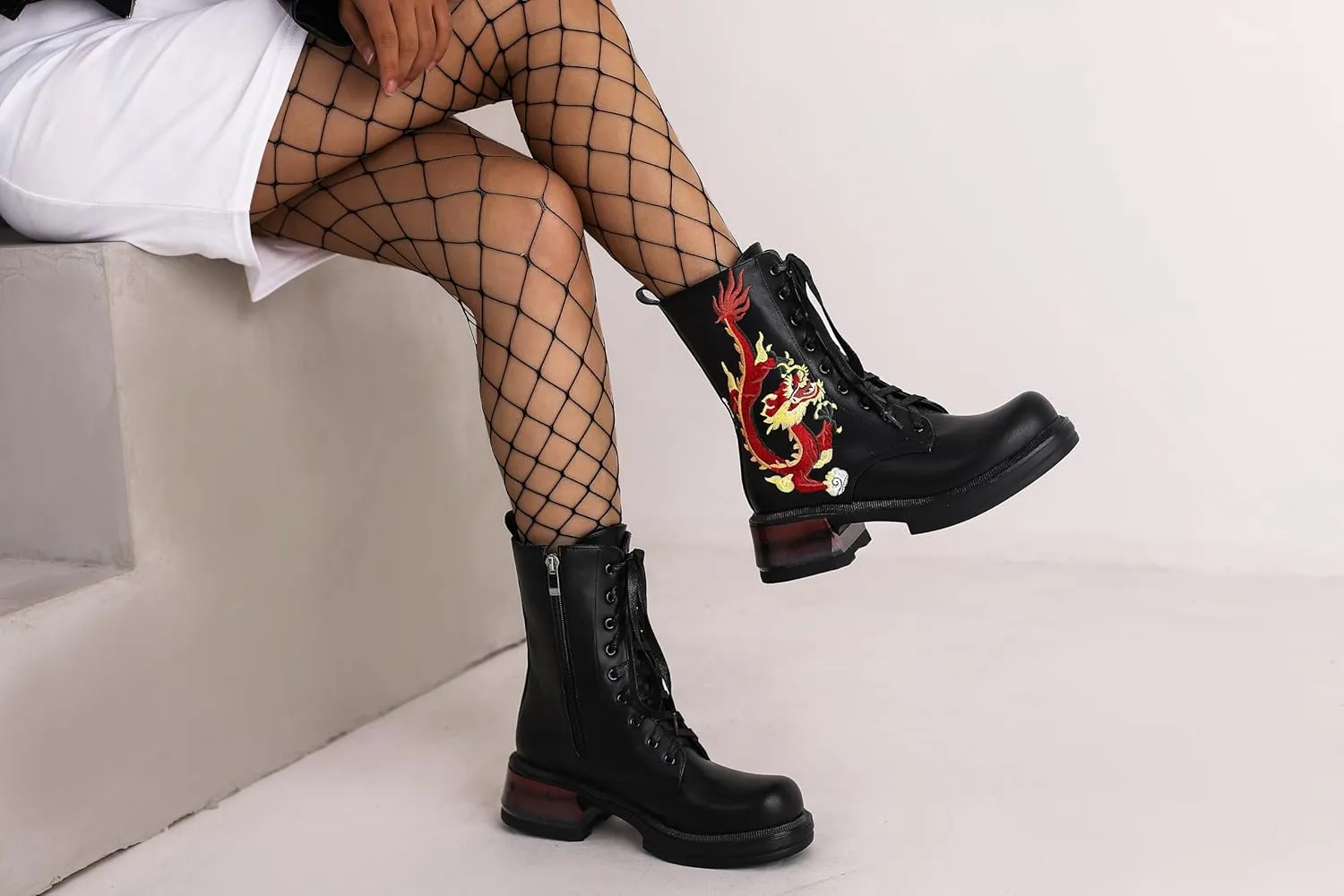 Women's Fashion Chunky Heel Combat Ankle Boots Lace Up Chinese Dragon Ankle Booties with Side Zipper Leather Boots