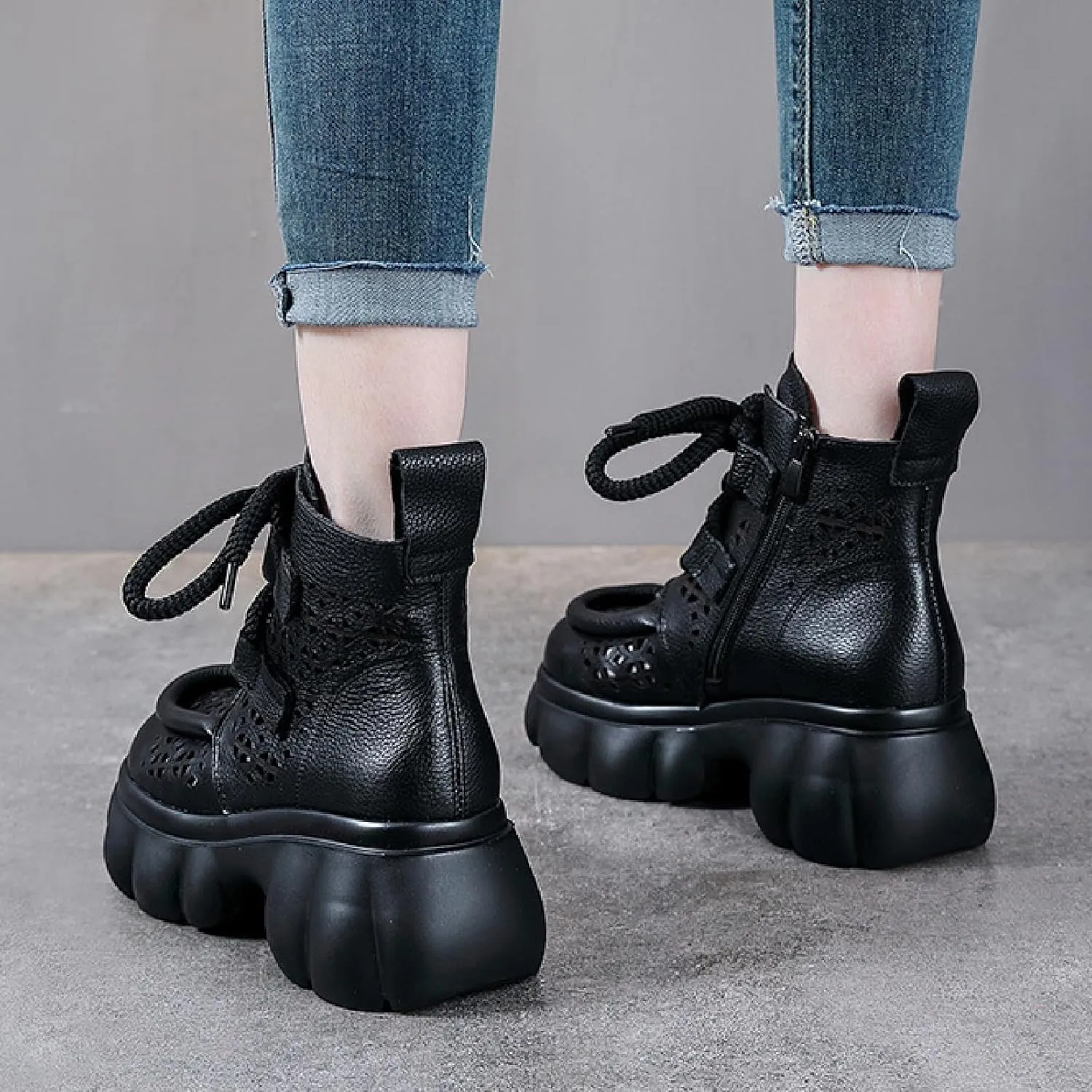 Women's Genuine Leather Lace Up Platform Gladiator Sandals With Side Zipper Comfortable Breathable Closed Toe Lug Sole Chunky Heel Summer Hollow Y2K Ankle Boots