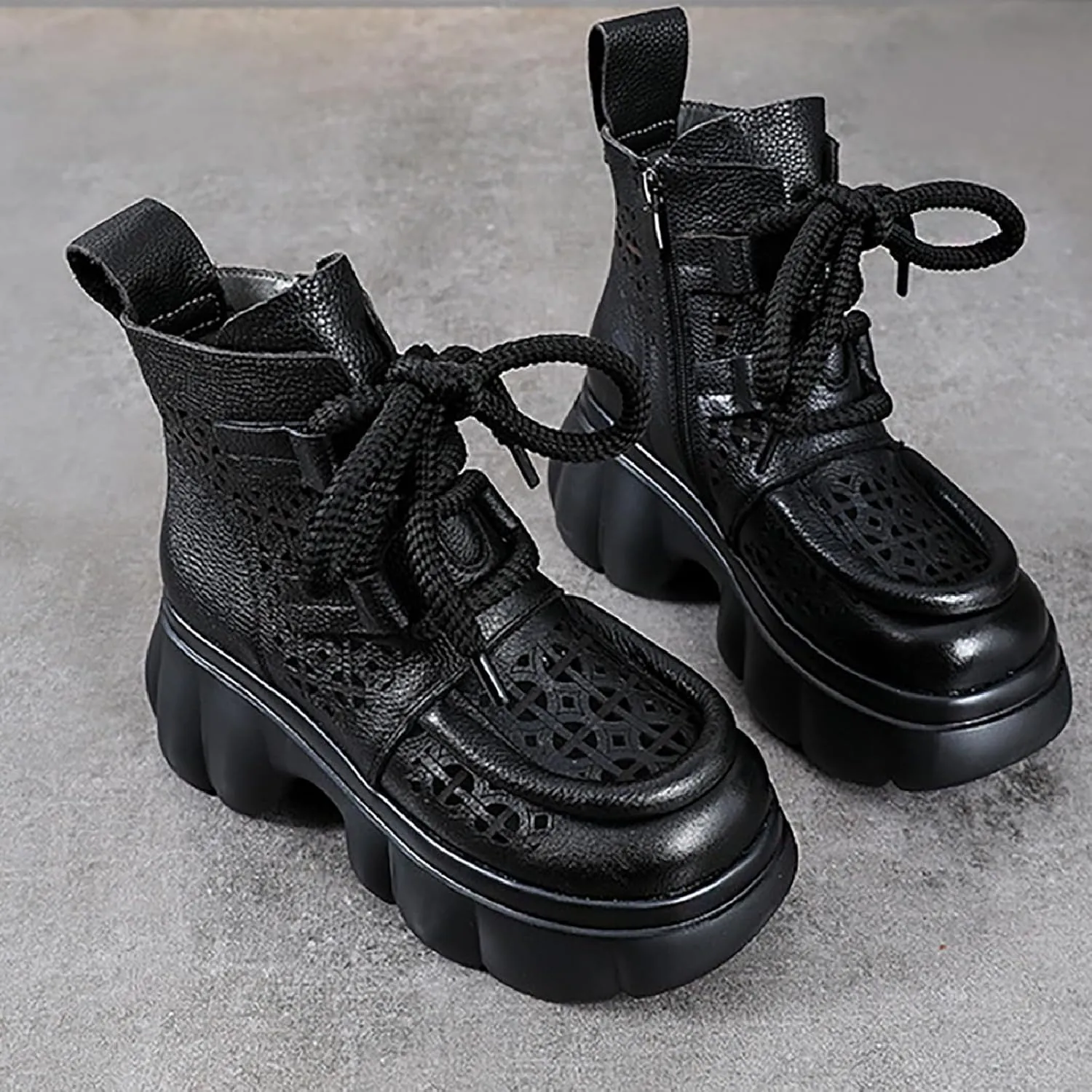 Women's Genuine Leather Lace Up Platform Gladiator Sandals With Side Zipper Comfortable Breathable Closed Toe Lug Sole Chunky Heel Summer Hollow Y2K Ankle Boots