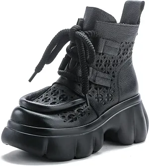 Women's Genuine Leather Lace Up Platform Gladiator Sandals With Side Zipper Comfortable Breathable Closed Toe Lug Sole Chunky Heel Summer Hollow Y2K Ankle Boots