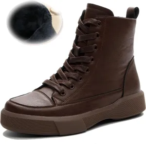 Womens Genuine Leather Lace Up Side Zipper High-Top Ankle Boots Retro Round Toe Platform Adds Height Fashion Combat Booties
