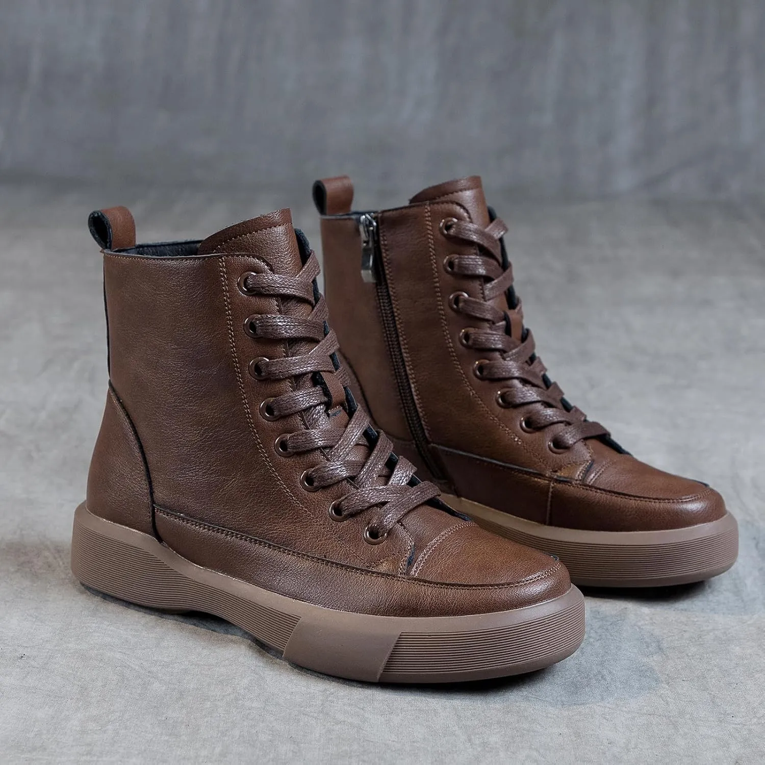 Womens Genuine Leather Lace Up Side Zipper High-Top Ankle Boots Retro Round Toe Platform Adds Height Fashion Combat Booties