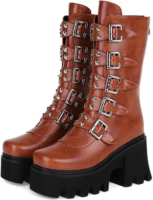 Women's Goth Platform Mid Calf Boots Studded Wide Mid Calf Combat Punk Boots Round Toe Buckle Chunky Heel Back Zipper Thick Sole Ankle Booties