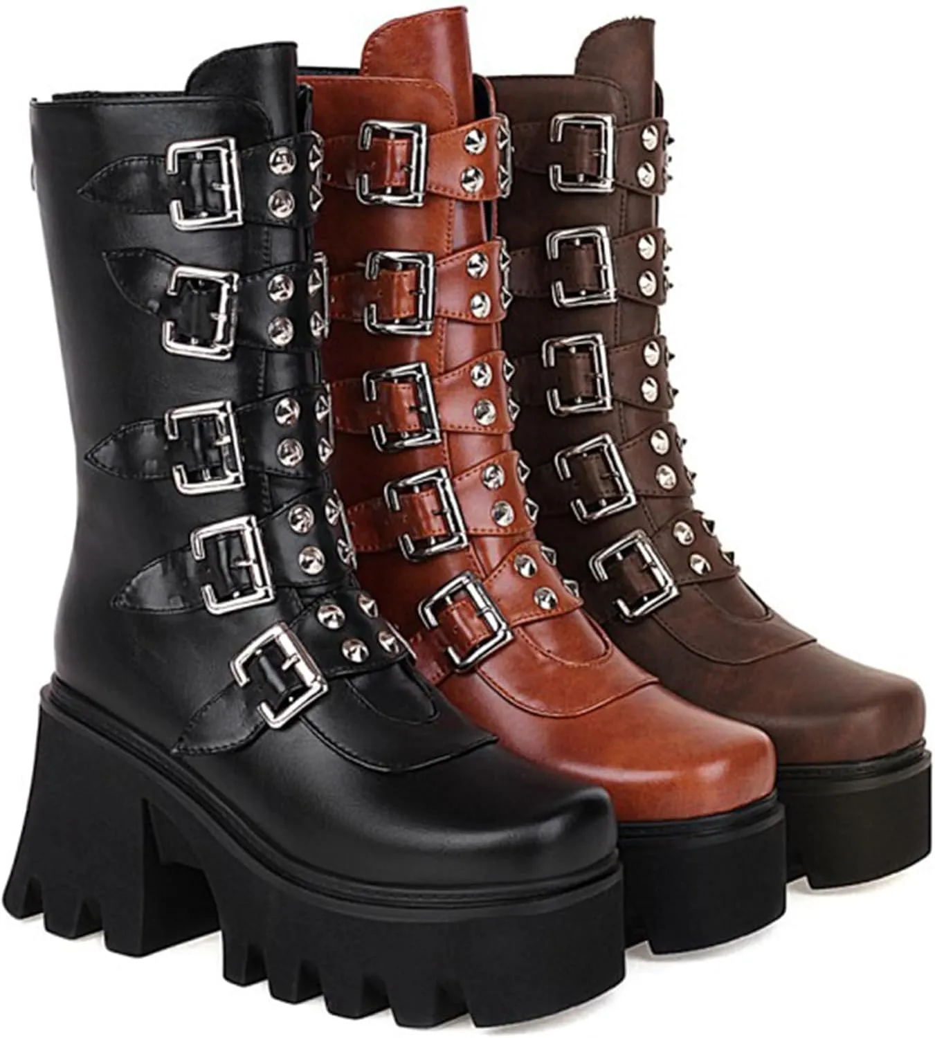 Women's Goth Platform Mid Calf Boots Studded Wide Mid Calf Combat Punk Boots Round Toe Buckle Chunky Heel Back Zipper Thick Sole Ankle Booties