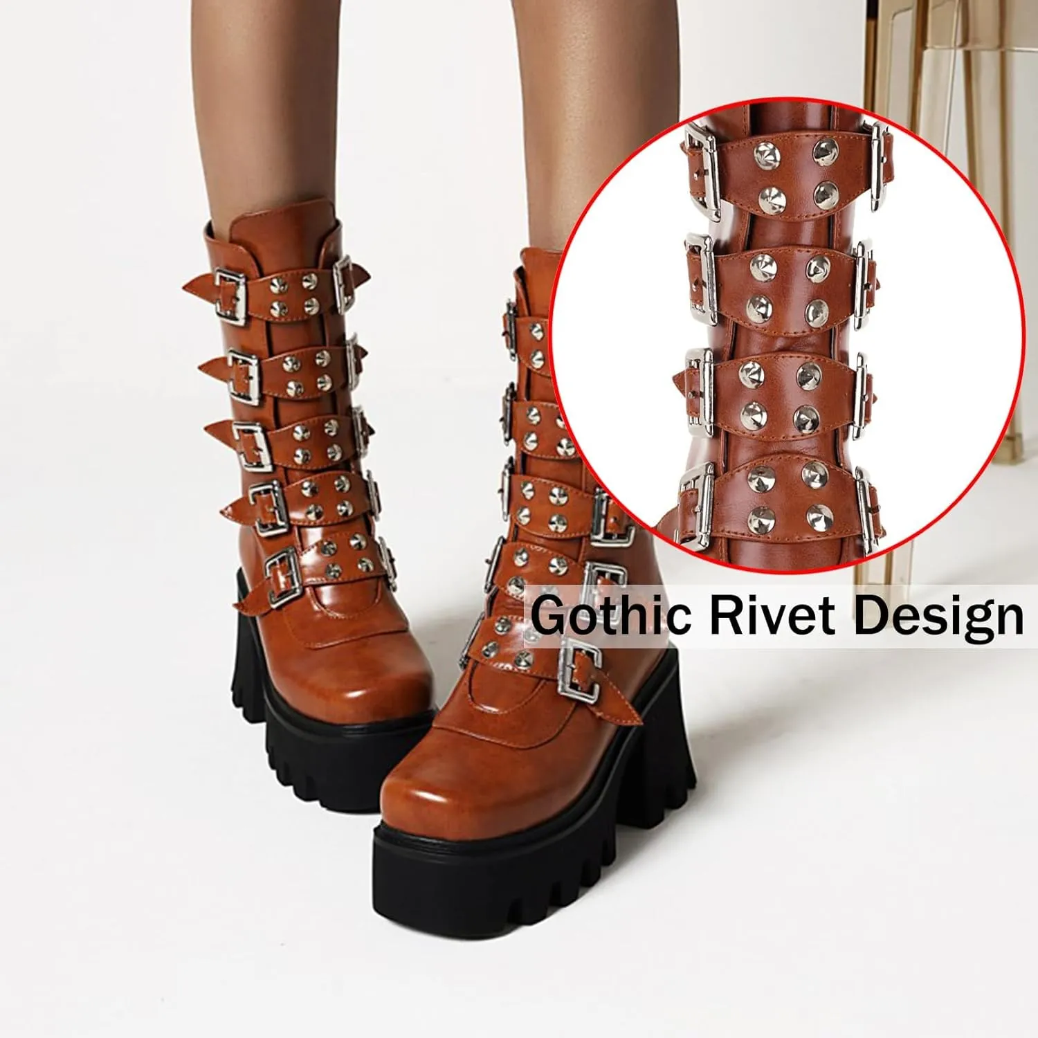 Women's Goth Platform Mid Calf Boots Studded Wide Mid Calf Combat Punk Boots Round Toe Buckle Chunky Heel Back Zipper Thick Sole Ankle Booties