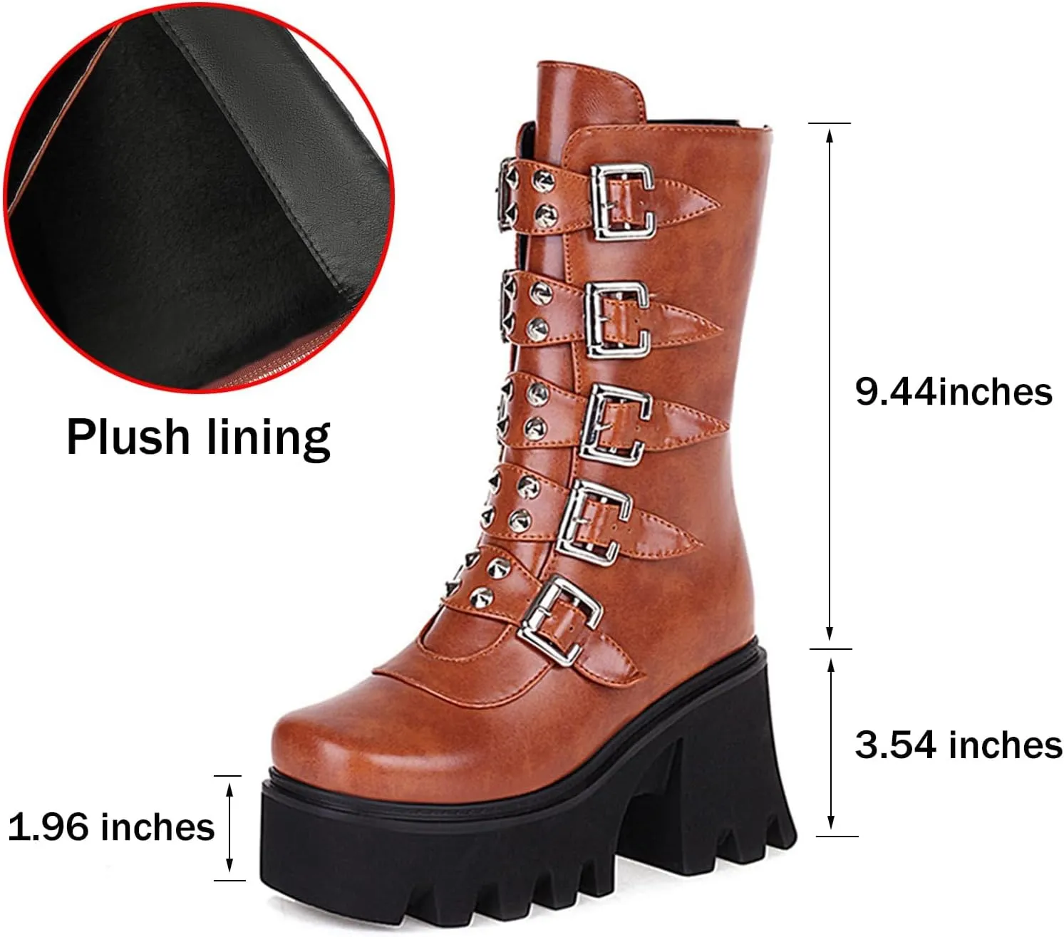 Women's Goth Platform Mid Calf Boots Studded Wide Mid Calf Combat Punk Boots Round Toe Buckle Chunky Heel Back Zipper Thick Sole Ankle Booties