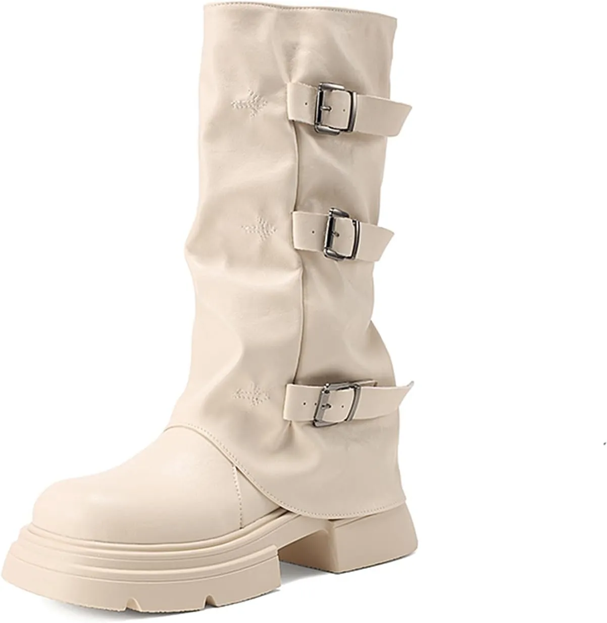 Women's Goth Platform Riding Boots Pull On Buckle Boots Fold Knee High Boots Chunky Block Heel Gothic Moto Boots