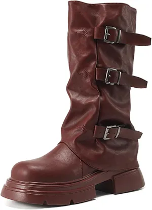 Women's Goth Platform Riding Boots Pull On Buckle Boots Fold Knee High Boots Chunky Block Heel Gothic Moto Boots