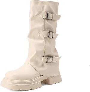 Women's Goth Platform Riding Boots Pull On Buckle Boots Fold Knee High Boots Chunky Block Heel Gothic Moto Boots