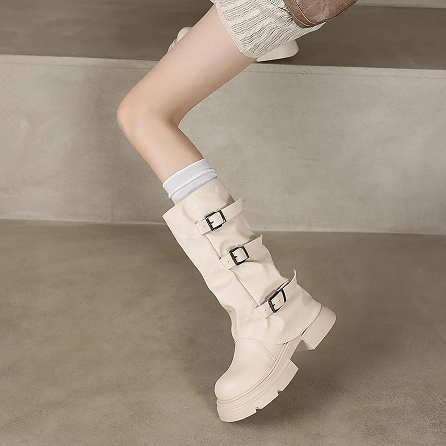 Women's Goth Platform Riding Boots Pull On Buckle Boots Fold Knee High Boots Chunky Block Heel Gothic Moto Boots