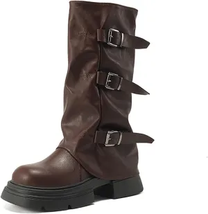 Women's Goth Platform Riding Boots Pull On Buckle Boots Fold Knee High Boots Chunky Block Heel Gothic Moto Boots