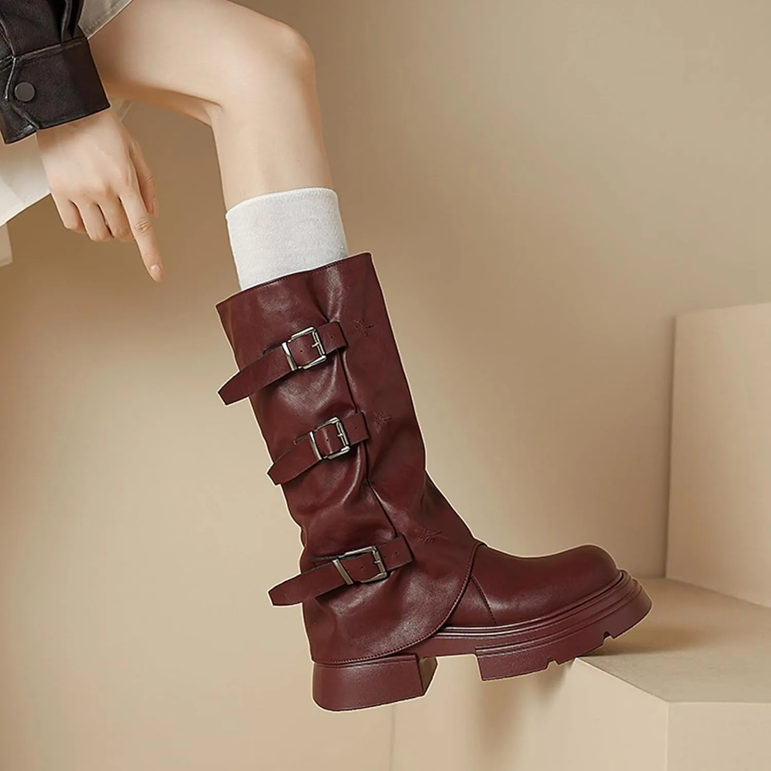 Women's Goth Platform Riding Boots Pull On Buckle Boots Fold Knee High Boots Chunky Block Heel Gothic Moto Boots