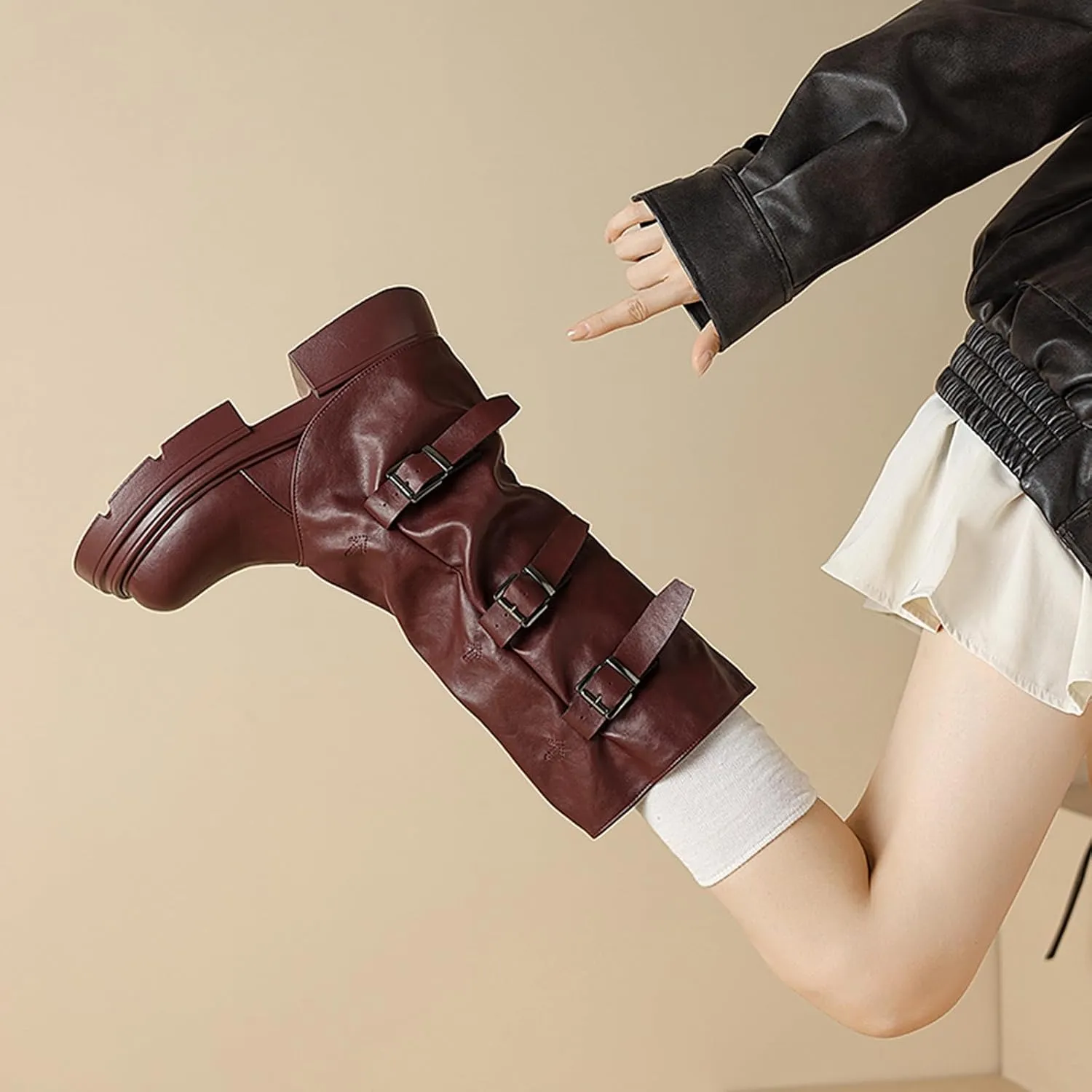 Women's Goth Platform Riding Boots Pull On Buckle Boots Fold Knee High Boots Chunky Block Heel Gothic Moto Boots