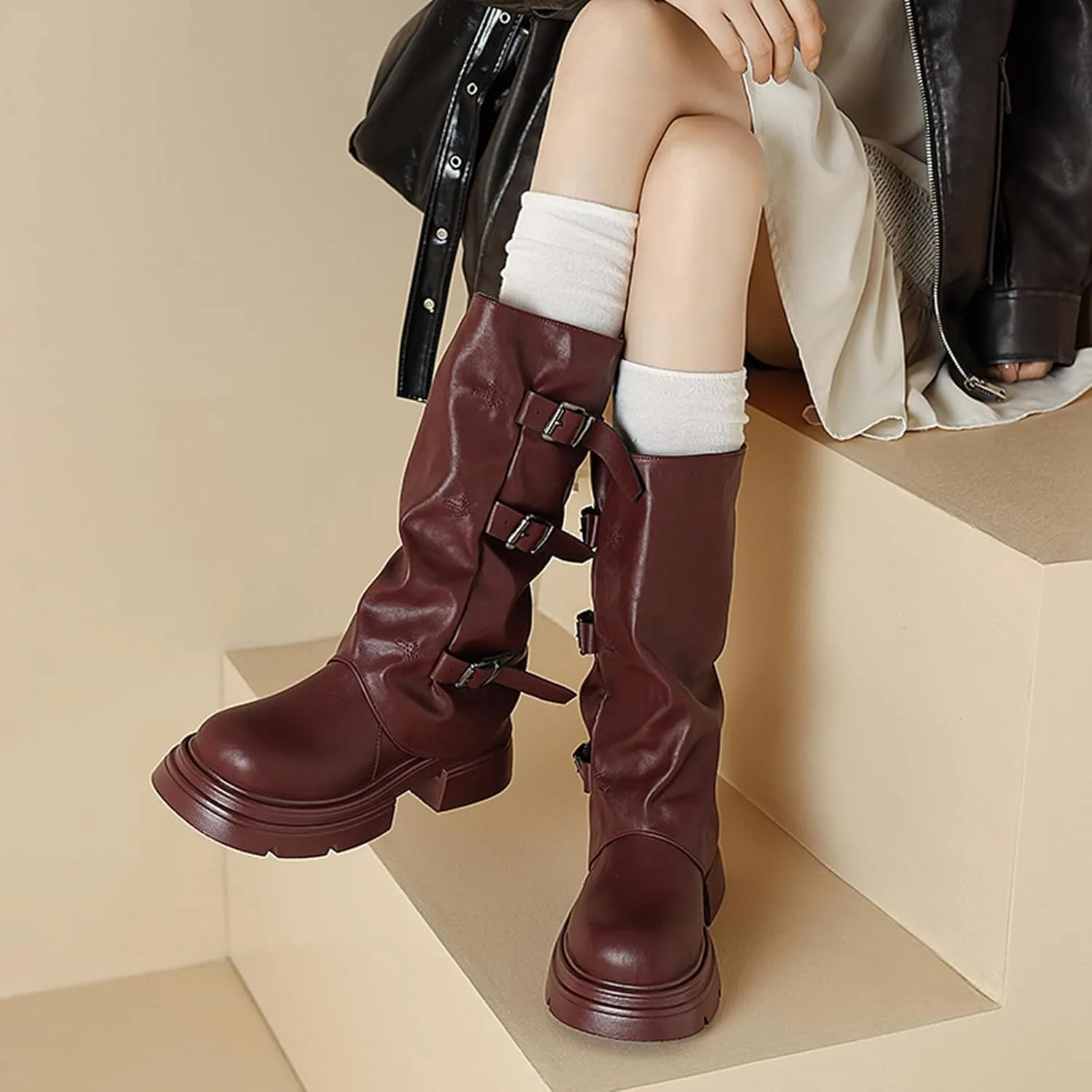 Women's Goth Platform Riding Boots Pull On Buckle Boots Fold Knee High Boots Chunky Block Heel Gothic Moto Boots
