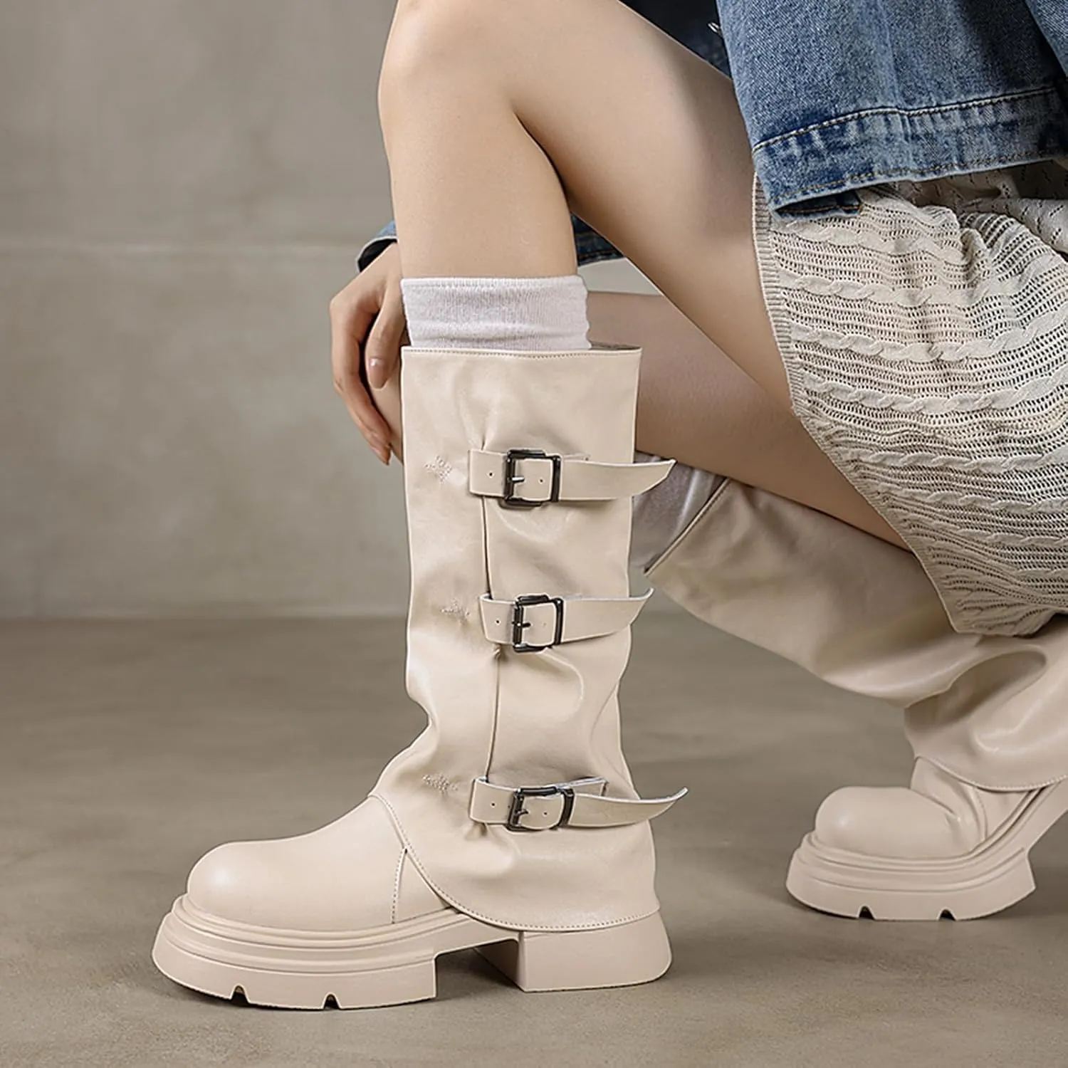 Women's Goth Platform Riding Boots Pull On Buckle Boots Fold Knee High Boots Chunky Block Heel Gothic Moto Boots