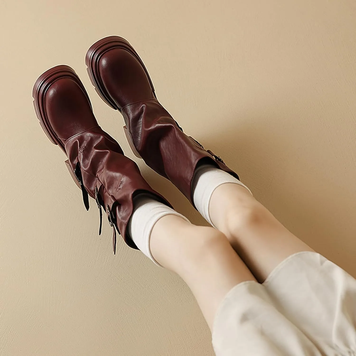 Women's Goth Platform Riding Boots Pull On Buckle Boots Fold Knee High Boots Chunky Block Heel Gothic Moto Boots