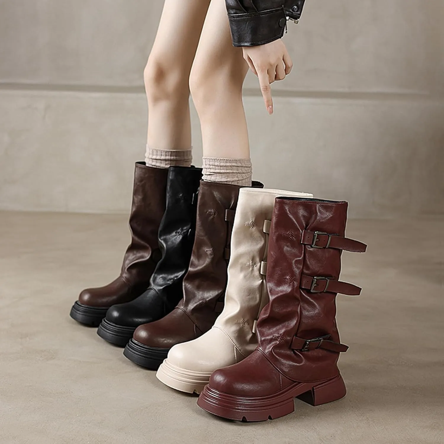 Women's Goth Platform Riding Boots Pull On Buckle Boots Fold Knee High Boots Chunky Block Heel Gothic Moto Boots