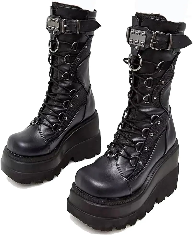 Women's Goth Punk Platform Boots Chunky Heel Work Combat Boots Fashion Lace-Up Round Toe Mid Calf Motorcycle Boot