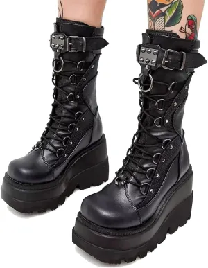 Women's Goth Punk Platform Boots Chunky Heel Work Combat Boots Fashion Lace-Up Round Toe Mid Calf Motorcycle Boot