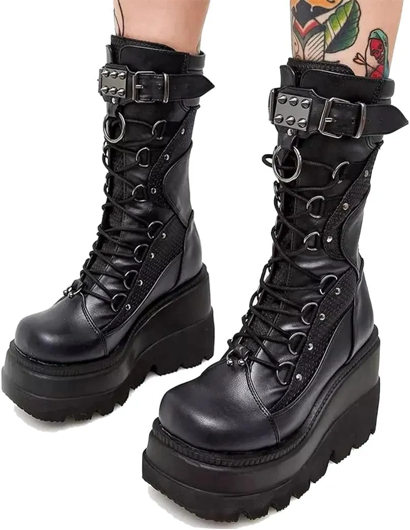 Women's Goth Punk Platform Boots Chunky Heel Work Combat Boots Fashion Lace-Up Round Toe Mid Calf Motorcycle Boot
