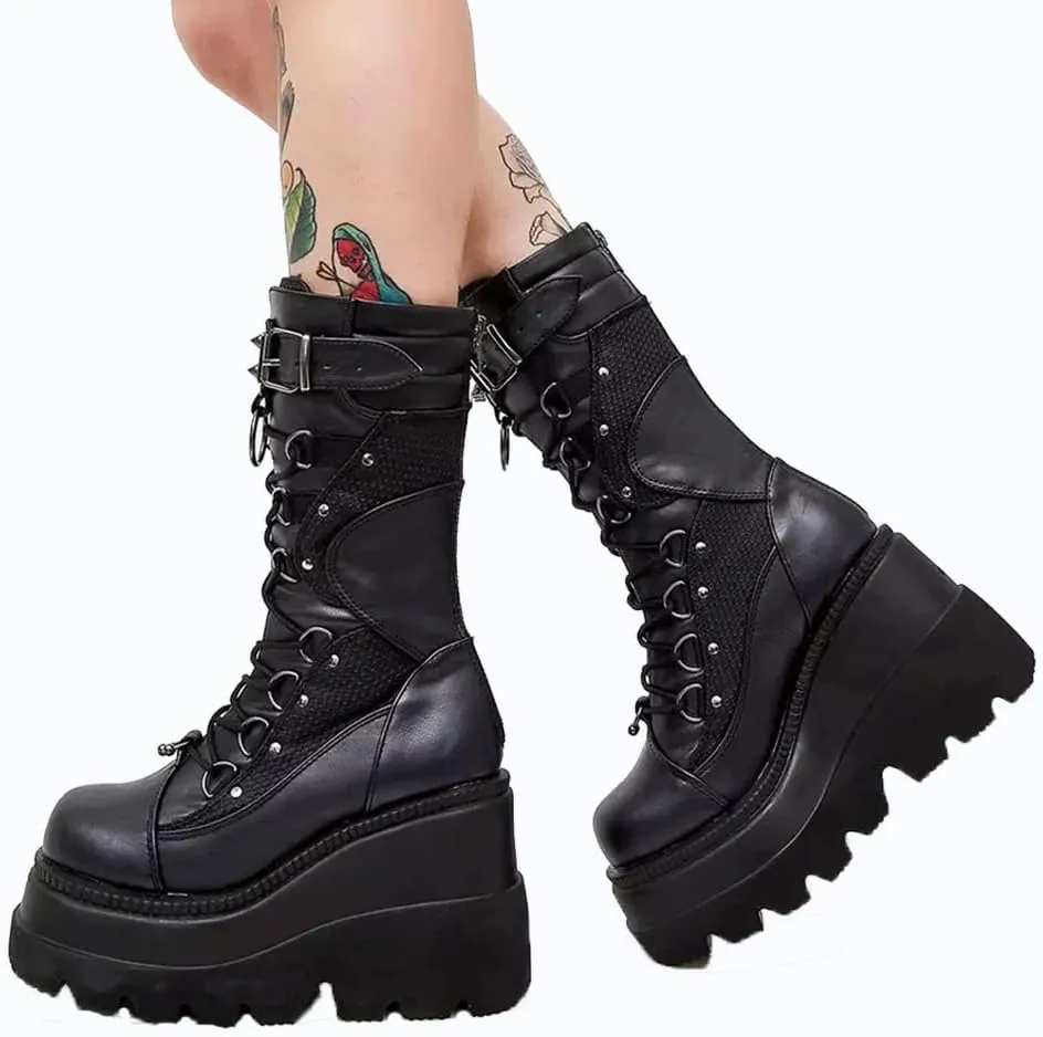 Women's Goth Punk Platform Boots Chunky Heel Work Combat Boots Fashion Lace-Up Round Toe Mid Calf Motorcycle Boot