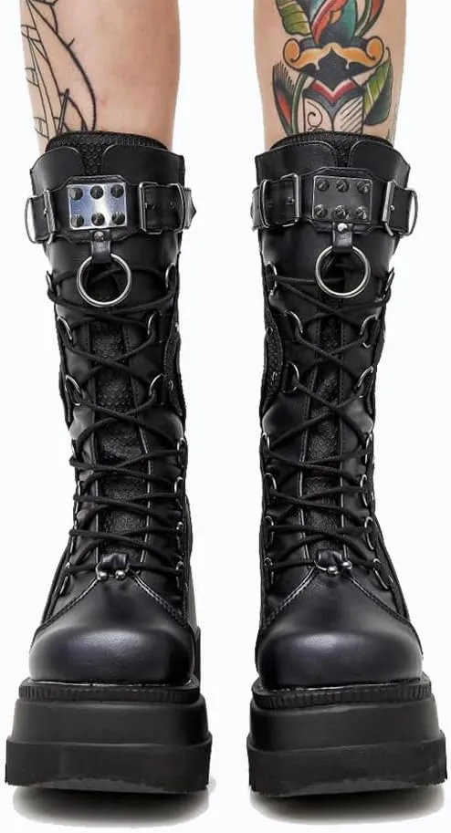 Women's Goth Punk Platform Boots Chunky Heel Work Combat Boots Fashion Lace-Up Round Toe Mid Calf Motorcycle Boot