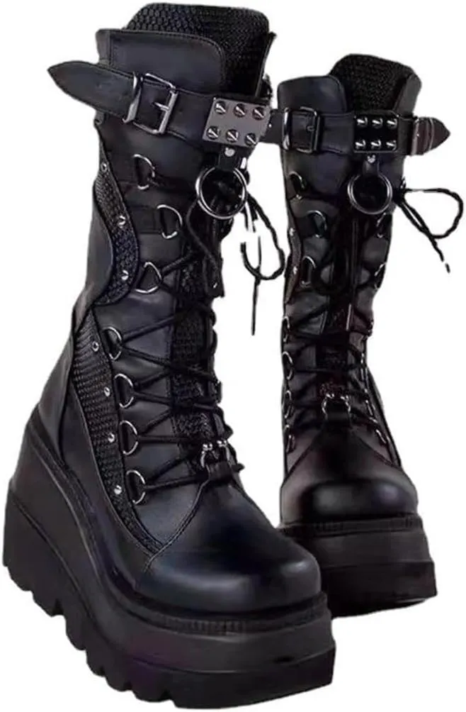 Women's Goth Punk Platform Boots Chunky Heel Work Combat Boots Fashion Lace-Up Round Toe Mid Calf Motorcycle Boot