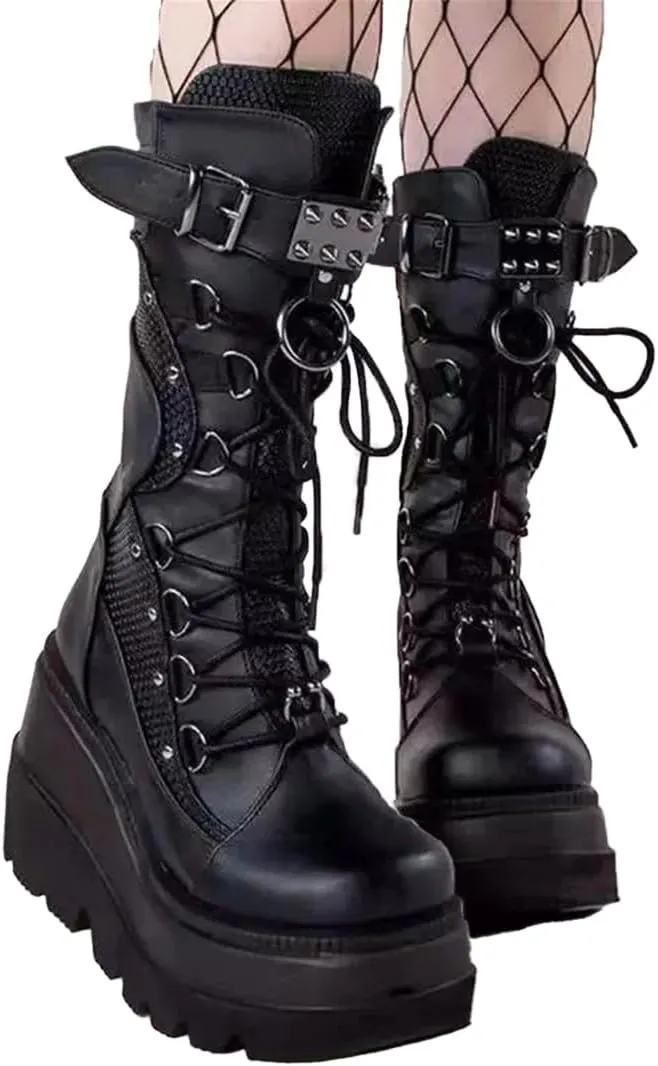 Women's Goth Punk Platform Boots Chunky Heel Work Combat Boots Fashion Lace-Up Round Toe Mid Calf Motorcycle Boot