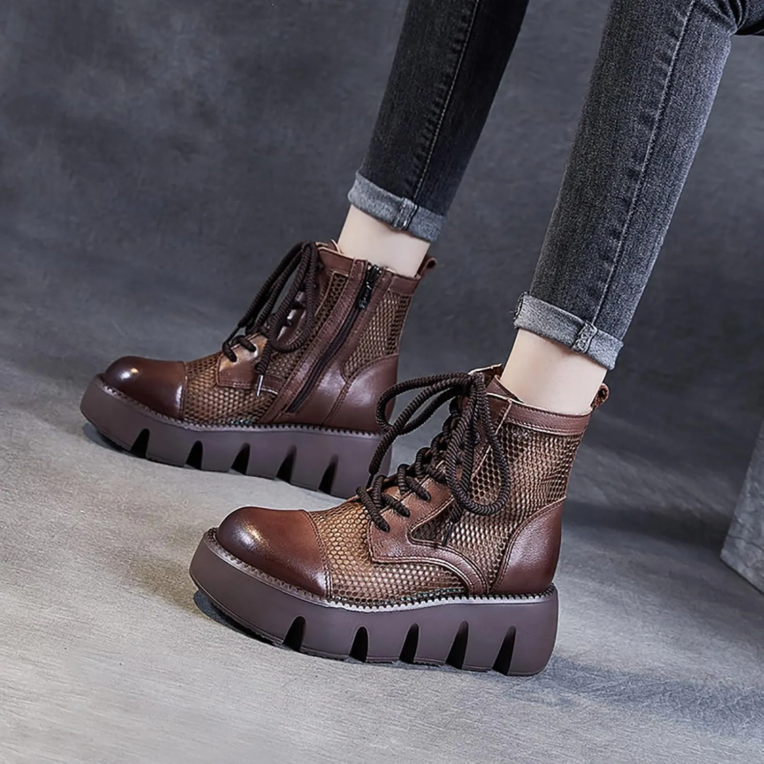 Women's Hollow Mesh Lace Up Platform Ankle Boots,Fashion Round Toe Side Zip Breathable Summer Boot Sandals Casual Non-Slip Punk Booties